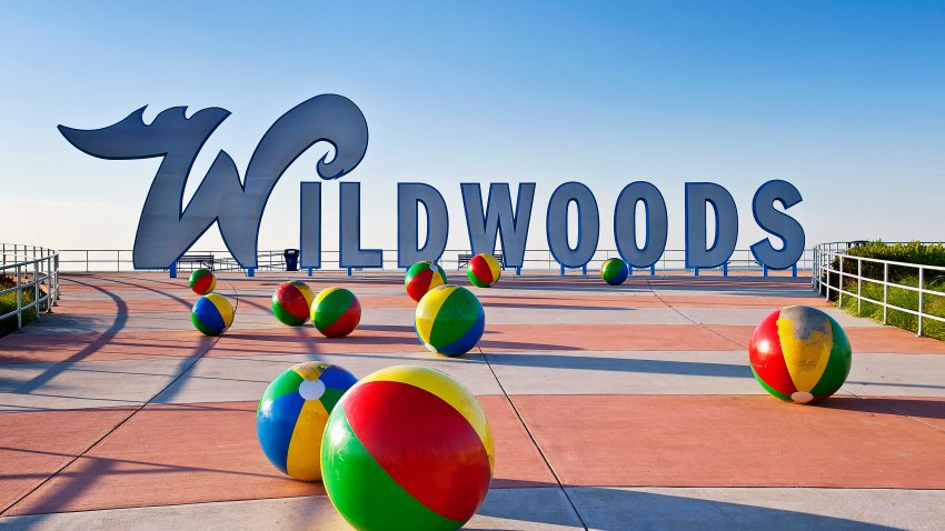 Wildwoods sign in front of beach balls