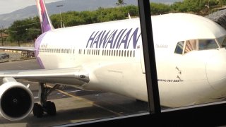 Honolulu. Hawii, USA _Hawaiian airlines aeroplane parked at gate in hawaiian capital honoluu interntiona airport on sunday 04 January 2015