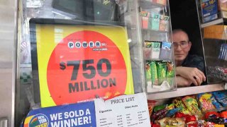 A Powerball lottery advertisement is displayed at a newsstand on July 12, 2023, in New York City.