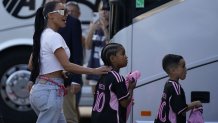 Jul 21, 2023; Fort Lauderdale, FL, USA; Kim Kardashian with children Saint and Psalm West arrives before the match between Inter Miami CF and Cruz Azul at DRV PNK Stadium. Mandatory Credit: Rich Storry-USA TODAY Sports