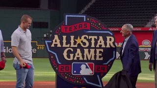 Texas Rangers third baseman Josh Jung, left, and MLB Commissioner Rob Manfred, right, reveal the 2024 All-Star Game logo at Globe Life Field, July 20, 2023.