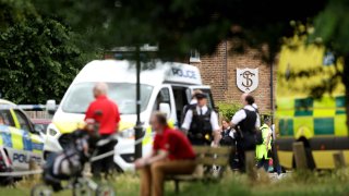 Police and emergency services attend the scene of a car crash at a school on July 6, 2023 in Wimbledon, England. A Land Rover has reportedly crashed into The Study Preparatory School on Camp Road in Wimbledon, injuring several people.