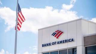An American flag outside a Bank of America branch in Austin, Texas.