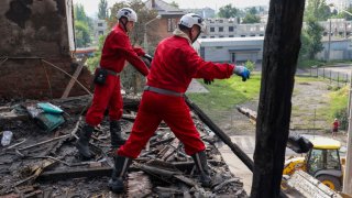 Debris removal works continue at damaged Kharkiv Higher Vocational School of the Service Sphere after Russian drone attack in Kharkiv, Ukraine on August 01, 2023.