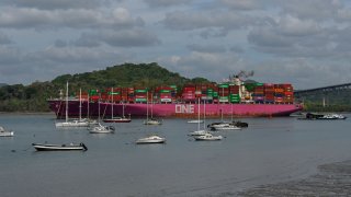 A ship navigates through the Panama Canal in the area near the Americas’ Bridge in Panama City on April 24, 2023. The scarcity of rainfall due has forced the Panama Canal to reduce the draft of ships passing through the interoceanic waterway, in the midst of a water supply crisis that threatens the future of this maritime route.