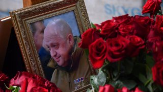 A view shows the grave of Wagner private mercenary group chief Yevgeny Prigozhin, who was killed in a private jet crash in the Tver region last week, at the Porokhovskoye cemetery in Saint Petersburg on August 30, 2023.