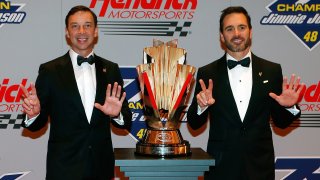 NASCAR Sprint Cup Series Champion Jimmie Johnson (right) and his crew chief Chad Knaus pose for a portrait prior to the 2016 NASCAR Sprint Cup Series Awards at Wynn Las Vegas on Dec. 2, 2016 in Las Vegas, Nevada.