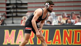 Sammy Sasso of the Ohio State Buckeyes wrestles against the Maryland Terrapins at Xfinity Center on January 31, 2021, in College Park, Maryland.