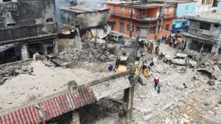 Aerial view of the area where a commercial establishment exploded in San Cristobal, Dominican Republic on August 15, 2023.