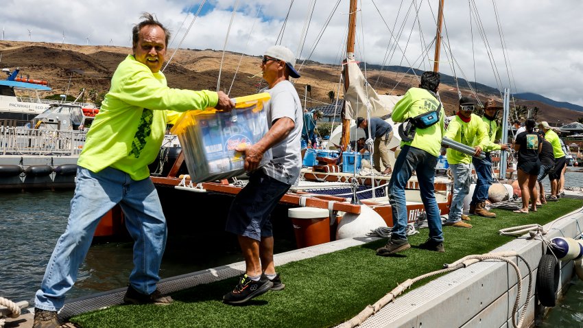 Maalaea, Maui, Monday, August 14, 2023 – Supplies for Lahaina fire victims are gathered and delivered by Hawaiians sailing on a large catamaran who often sail around the world together to Lahaina neighborhoods.