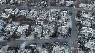 A view of a neighborhood destroyed by a wildfire on August 18, 2023 in Lahaina, Hawaii.