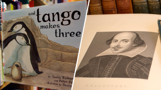A copy of the book "And Tango Makes Three" and a photo of William Shakespeare.