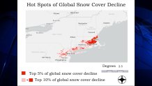 A map showing the parts of the Northeast United States where the amount of snow cover decline from 2000 to 2022 is among the top 5 and 10% in the world, according to a new study published in the journal Climate by Salem State University professor Stephen Young.