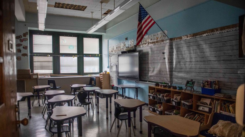 An empty elementary school classroom is seen on Tuesday, Aug. 17, 2021 in the Bronx borough of New York.