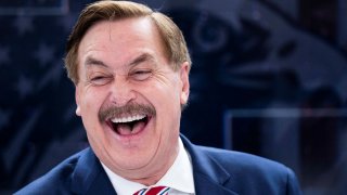 My Pillow CEO Mike Lindell reacts during a radio show hosted by Steve Bannon during the Conservative Political Action Conference (CPAC) at Gaylord National Convention Center in National Harbor, M.D., U.S., March 2, 2023. 