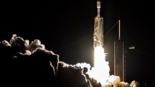 A Falcon Heavy rocket launches the Viasat-3 “Americas” satellite on May 1, 2023.