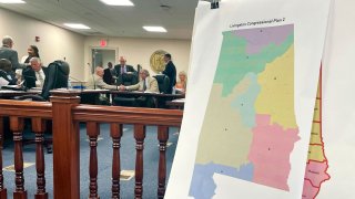 A map of a GOP proposal to redraw Alabama’s congressional districts is displayed at the Alabama Statehouse in Montgomery, Ala., Tuesday, July 18, 2023.