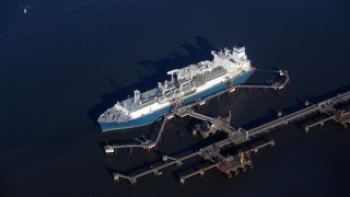 Aerial view of the LNG storage and vaporization vessel “Höegh Esperanza” at the Wilhelmshaven LNG terminal.