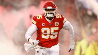 Chris Jones of the Kansas City Chiefs reacts as he takes the field prior to the AFC Championship NFL football game between the Kansas City Chiefs and the Cincinnati Bengals at GEHA Field at Arrowhead Stadium on Jan. 29, 2023 in Kansas City, Mo.