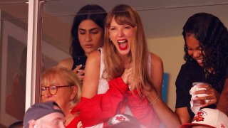 Taylor Swift reacts during a game between the Chicago Bears and the Kansas City Chiefs at GEHA Field at Arrowhead Stadium on Sept. 24, 2023 in Kansas City, Mo.