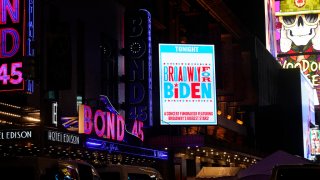 A marquee promoting a fundraiser with President Joe Biden is on display outside the Lunt-Fontanne Theatre in New York, Monday, Sept. 18, 2023. (AP Photo/Susan Walsh)