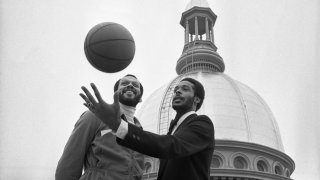Rutgers basketball stars Phil Sellers (L) and Mike Dabney in black and white photo.