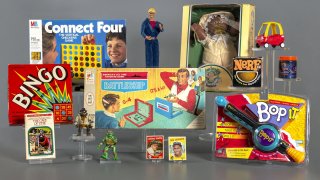 This photo provided by The Strong National Museum of Play in Rochester, N.Y., shows the 12 finalists being considered for induction into the National Toy Hall of Fame. The finalists, announced Wednesday, Sept. 13, 2023, are: baseball cards, Battleship, bingo, Bop It, Cabbage Patch Kids, Choose Your Own Adventure gamebooks, Connect 4, Ken, Little Tykes Cozy Coupe, Nerf, slime and Teenage Mutant Ninja Turtles. The Class of 2023 will be inducted Nov. 9.