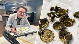 Erlend Bore posing with a gold treasure photographed shortly after he found them in the ground with a metal detector on the island of Rennesøy in Stavanger