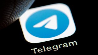 The logo of the instant messaging service Telegram on a smartphone on January 20, 2022.