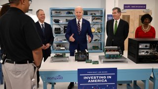 US President Joe Biden visits Wolfspeed, a semiconductor manufacturer, in Durham, North Carolina, on March 28, 2023. (Photo by Jim WATSON / AFP) (Photo by JIM WATSON/AFP via Getty Images)