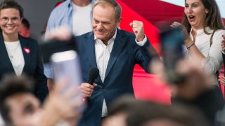 The Polish opposition Civic Coalition’s leader Donald Tusk speaks during election night in Warsaw.