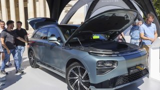 An Xpeng G9 electric vehicle at the Xpeng pavilion in the Open Space area during the Munich Motor Show (IAA) in Munich, Germany, on Sept. 5, 2023.