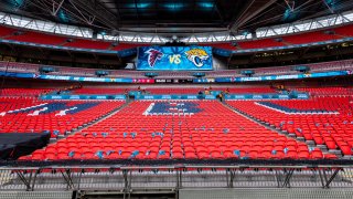 Wembley Stadium is prepared before the NFL international series game between the Jacksonville Jaguars and Atlanta Falcons on October 1, 2023 at Wembley Stadium in London, United Kingdom.