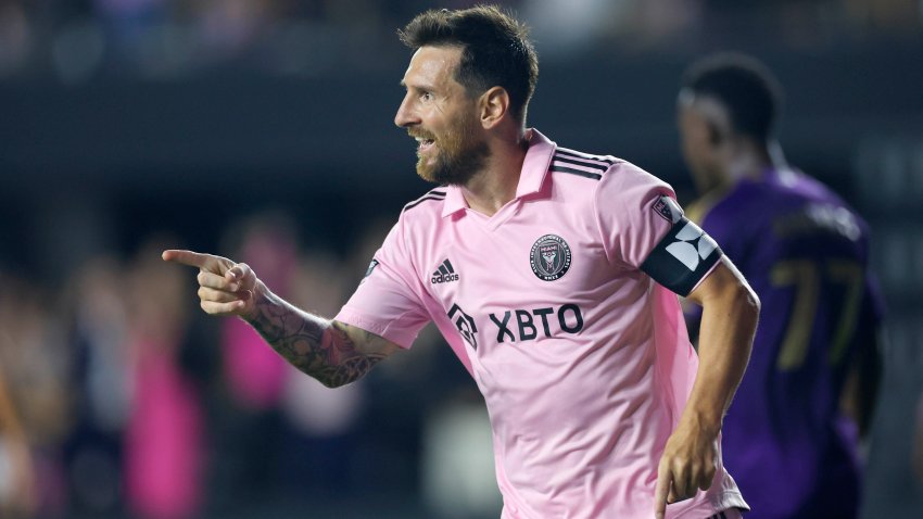 Lionel Messi of Inter Miami CF celebrates after scoring a goal during the Leagues Cup 2023 Round of 32 match between Orlando City SC and Inter Miami CF at DRV PNK Stadium on Aug. 2, 2023 in Fort Lauderdale, Fla.