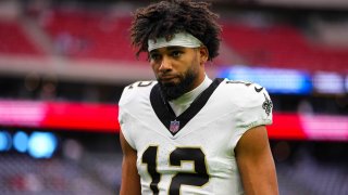 Chris Olave of the New Orleans Saints warms up prior to an NFL football game against the Houston Texans at NRG Stadium on Oct. 15, 2023 in Houston, Texas.