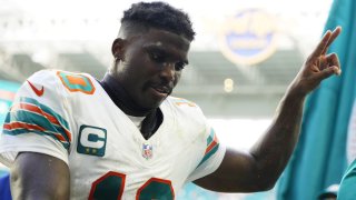 MIAMI GARDENS, FLORIDA – OCTOBER 29: Tyreek Hill #10 of the Miami Dolphins gestures towards fans after his team’s 31-17 win against the New England Patriots at Hard Rock Stadium on October 29, 2023 in Miami Gardens, Florida. (Photo by Rich Storry/Getty Images)