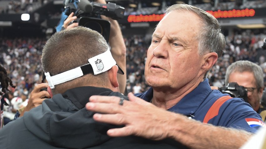 Oct 15, 2023; Paradise, Nevada, USA; Las Vegas Raiders head coach Josh McDaniels hugs New England Patriots head coach Bill Belichick at the end of the game at Allegiant Stadium. Mandatory Credit: Candice Ward-USA TODAY Sports