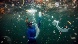 Turkish world record-holder free-diver and divers of the Underwater Federation Sahika Encumen dives amid plastic waste in Ortakoy coastline to observe the life and pollution of Bosphorus in Istanbul, Turkey on June 27, 2020.