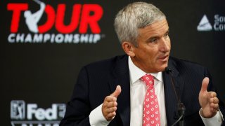 PGA Tour Commissioner Jay Monahan speaks during a press conference prior to the TOUR Championship at East Lake Golf Club on August 24, 2022 in Atlanta, Georgia.