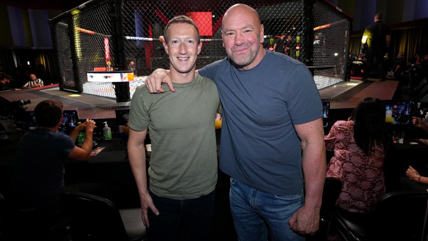 Mark Zuckerberg posing with UFC president Dana White during a UFC Fight Night event.