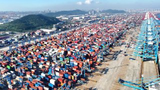 A view of the automated container port in Qingdao in east China’s Shandong province. 