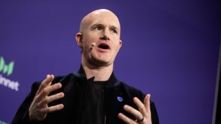 Brian Armstrong, chief executive officer of Coinbase Global Inc., speaks during the Messari Mainnet summit in New York, on Thursday, Sept. 21, 2023.