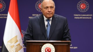 Turkish Foreign Minister Mevlut Cavusoglu and his Egyptian counterpart Sameh Shoukry at a joint news conference in Turkiye’s capital Ankara in April.