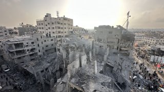 A view of destruction after Israeli attack in Nuseirat camp, Gaza Strip on October 22, 2023. Photos show the extent of the damage in the area as the number of buildings and stores were heavily affected by the bombing.