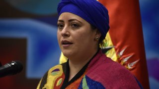 Bolivia’s new President Luis Arce’s Presidency Minister Marianela Prada delivers a speech during her inauguration ceremony at the Casa Grande del Pueblo government palace in La Paz on November 9, 2020. – Leftist economist Luis Arce assumed the Bolivian presidency facing the challenge of uniting a polarized society and reactivating an economy ravaged by the coronavirus pandemic. (Photo by AIZAR RALDES / AFP) (Photo by AIZAR RALDES/AFP via Getty Images)