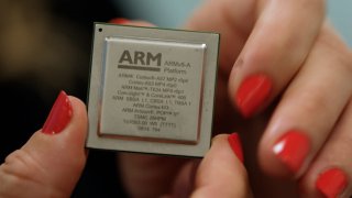 Arm makes the CPU architecture for chips found in nearly all smartphones. An Arm chip is shown here in San Jose, California, on October 12, 2023.