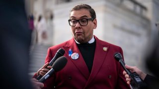 Rep. George Santos (R-N.Y.) speaks with reporters after a vote on Capitol Hill on Wednesday, Nov. 15, 2023, in Washington, DC.