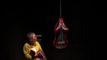 A visitor looks at a leather sculpture of a woman's torso as a boxer's punching bag at Barcelona's Museum of Forbidden Art in Barcelona, Spain, Friday, Nov. 17, 2023. 