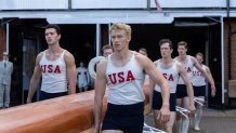 Left to right - Bruce Herbelin-Earle stars as Shorty Hunt, Callum Turner as Joe Rantz, and Wil Coban as Jim McMillan in director George Clooney’s "The Boys in the Boat."