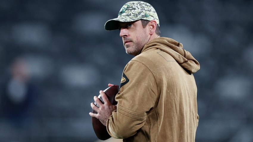 Aaron Rodgers #8 of the New York Jets looks on before the game against the Los Angeles Chargers at MetLife Stadium on Nov. 6, 2023, in East Rutherford, New Jersey.